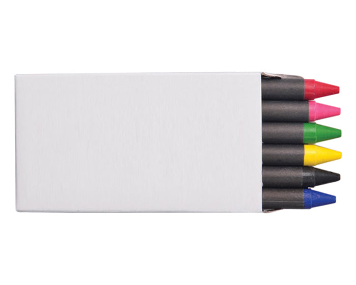 100 cajitas | Juego de 6 lápices de cera de colores en caja de cartón. No tóxicos, con logo impreso.