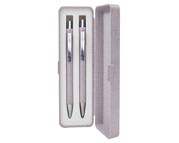 10 sets | Estuche ecológico a base de fibra de trigo. Incluye un bolígrafo y un lapicero con clip y punta metálica. Mecanismo de click, con logo impreso.