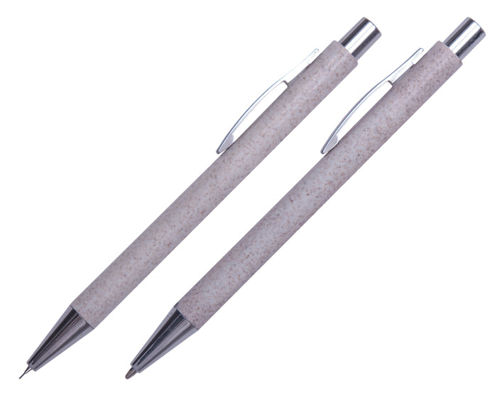 10 sets | Estuche ecológico a base de fibra de trigo. Incluye un bolígrafo y un lapicero con clip y punta metálica. Mecanismo de click, con logo impreso.