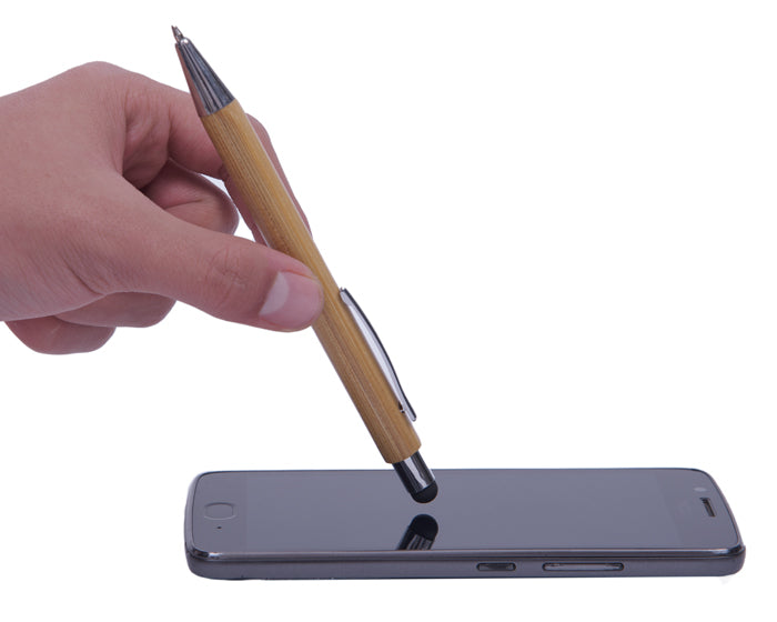 50 piezas | Bolígrafo de bambú, clip y punta metálico. Con punta touch, con logo impreso