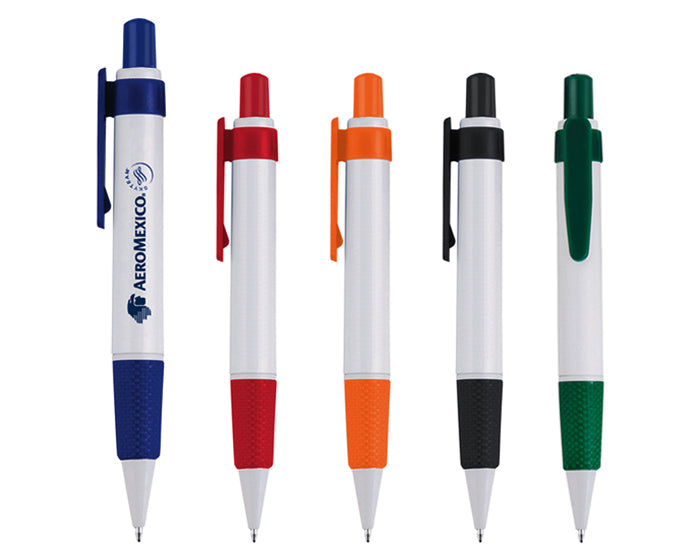 100 piezas | Bolígrafo plástico con cuerpo en color blanco, grip antideslizante y clip de color. Mecanismo de click, con logo impreso