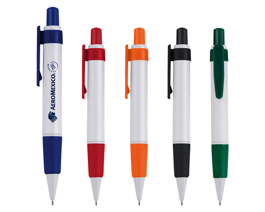 100 piezas | Bolígrafo plástico con cuerpo en color blanco, grip antideslizante y clip de color. Mecanismo de click, con logo impreso