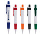 100 piezas | Bolígrafo plástico con cuerpo en color blanco, grip antideslizante y clip de color. Mecanismo de click, con logo impreso