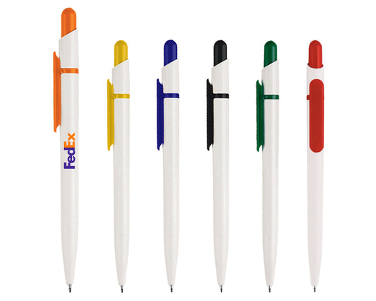 100 piezas | Bolígrafo de plástico cuerpo blanco, tapón y clip de color. Mecanismo de click, con logo impreso