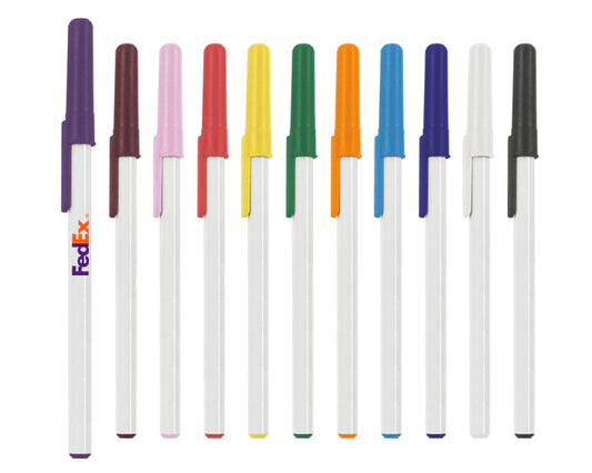 200 piezas | Bolígrafo básico, línea económica, cuerpo blanco sólido y tapa en color, con logo impreso