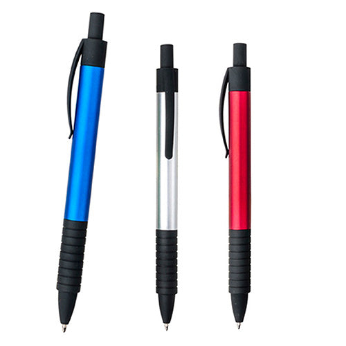50 piezas | Bolígrafo con apariencia metálica, con grip de goma y clip rubber, con logo impreso,