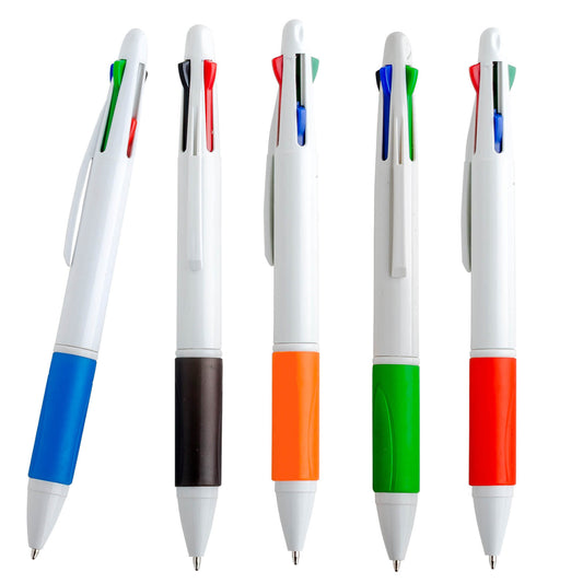 50 piezas | Bolígrafo de plástico con 4 tintas: rojo, negro, azul y verde, con logo impreso.