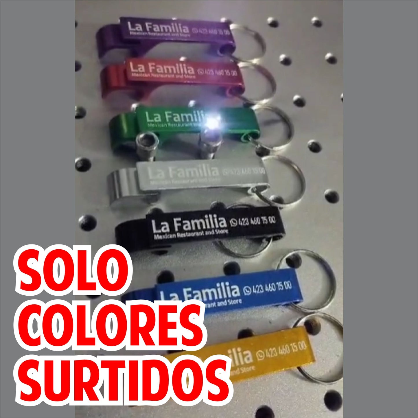 100 Llaveros destapador COLORES SURTIDOS con tu logo grabado en láser