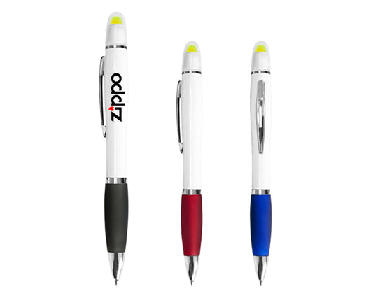 30 piezas | Bolígrafo retráctil, goma de sujeción antideslizante, la parte superior cuenta con marcatextos en gel color amarillo, con logo impreso.