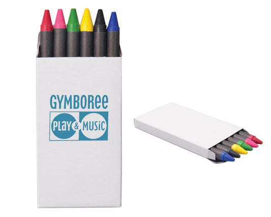 100 cajitas | Juego de 6 lápices de cera de colores en caja de cartón. No tóxicos, con logo impreso.