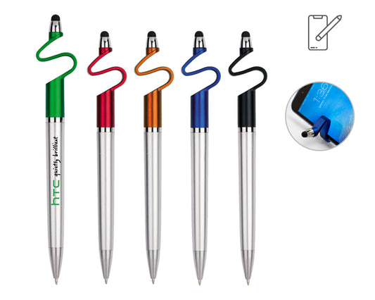 50 piezas | Bolígrafo de plástico con cuerpo color plata, para utilizarse como base para teléfono celular, con logo impreso