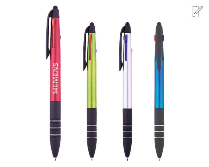 50 piezas | Bolígrafo plástico con terminado metalizado. Tiene integradas 3 tintas: negra, roja y azul, con logo impreso.