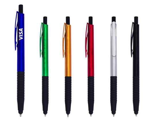 50 piezas | Bolígrafo de plástico en colores metálicos, punta touch y goma antideslizante. Mecanismo de click, con logo impreso