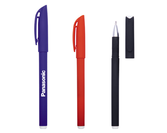 100 piezas | Bolígrafo de tinta de gel con recubrimiento de goma, cuerpo y tapa de color, con logo impreso
