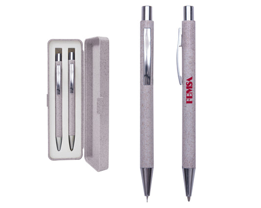 10 sets | Estuche ecológico a base de fibra de trigo. Incluye un bolígrafo y un lapicero con clip y punta metálica. Mecanismo de click, con logo impreso.