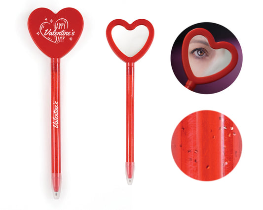 10 piezas | Bolígrafo delgado de plástico traslucido con cuerpo de glitter y forma de corazón con espejo, con logo impreso.