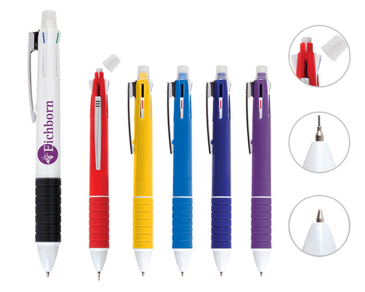10 piezas | Bolígrafo 5 en 1: lapicero, tinta roja, azul, negra y verde; con goma en el extremo superior, con logo impreso.