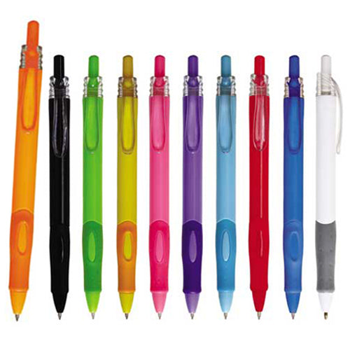 100 piezas | Bolígrafo de plástico de color sólido con clip transparente y grip de goma, con logo impreso.