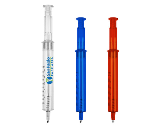 50 piezas | Bolígrafo en forma de jeringa con cuerpo traslúcido. Mecanismo de click, con logo impreso.