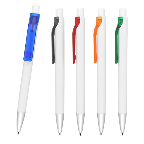 100 piezas | Bolígrafo de plástico con clip traslúcido, punta con detalle de color y mecanismo de click, con logo impreso.
