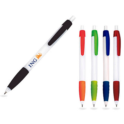 100 piezas | Bolígrafo de plástico con clip de color y grip de goma, con logo impreso.