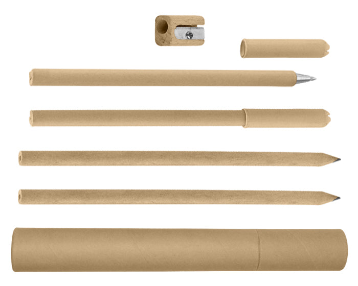 10 sets | Estuche de escritura de papel reciclado con tapa. Incluye: 2 lápices de papel, 2 plumas y un sacapuntas, con logo impreso
