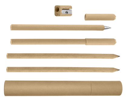 10 sets | Estuche de escritura de papel reciclado con tapa. Incluye: 2 lápices de papel, 2 plumas y un sacapuntas, con logo impreso