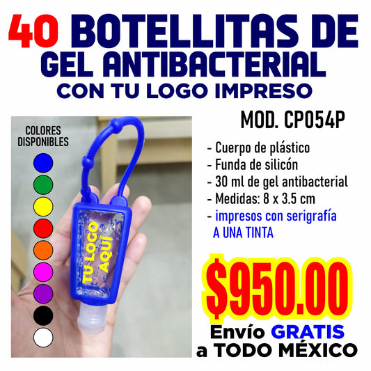 40 botellitas con gel antibacterial con tu logo impreso.