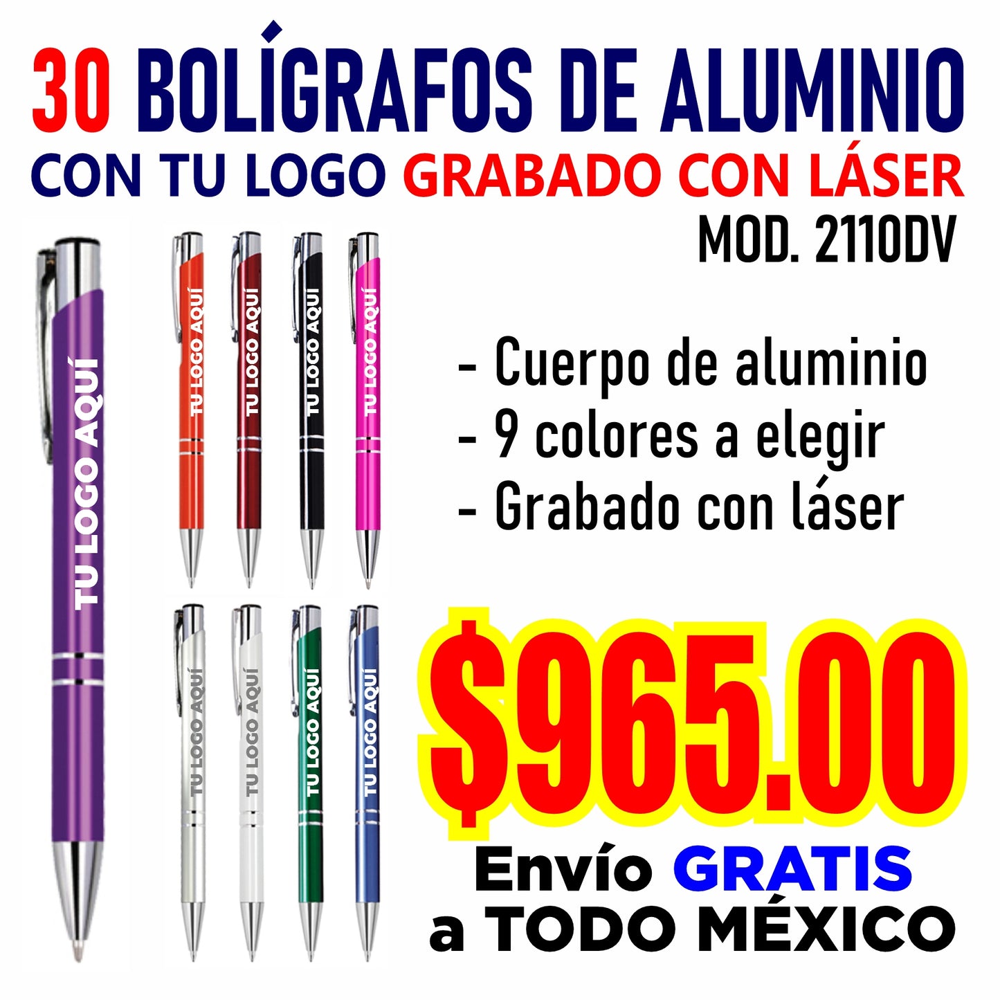 30 bolígrafos de aluminio con tu logo grabado en láser