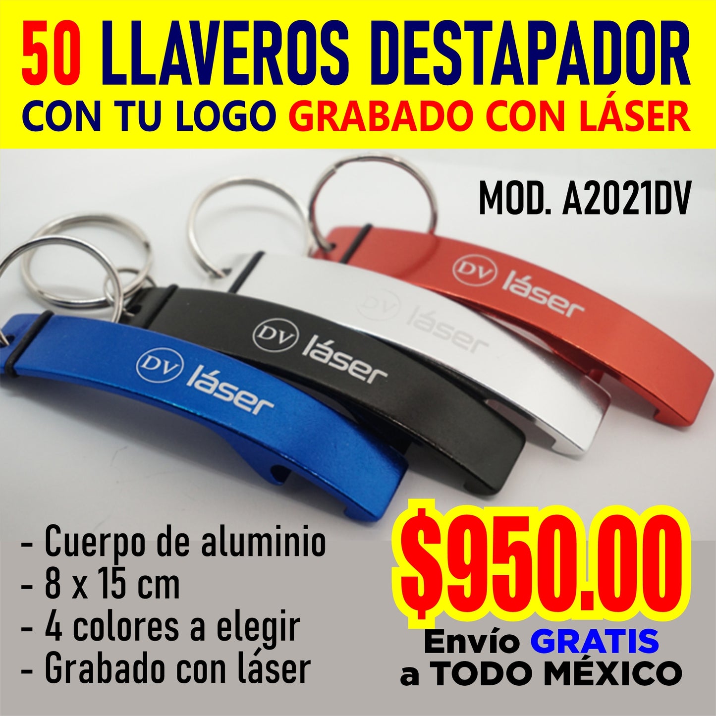 50 Llaveros destapador curvos con tu logo grabado en láser