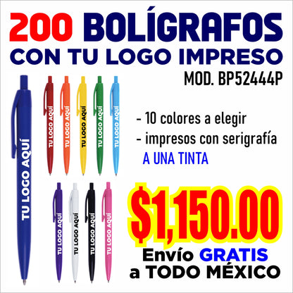 200 bolígrafos promocionales de plástico con tu logo impreso a una tinta