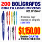 200 bolígrafos promocionales de plástico con tu logo impreso a una tinta